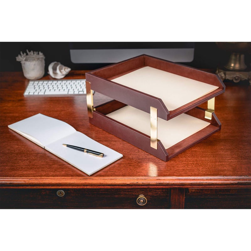 Dacasso Leather Double Letter Trays, Chocolate Brown (A3420) - Image 3